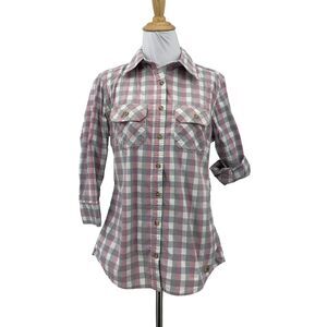 Carhartt Gingham Shirt Womens S Small Button Up Quarter Tab Sleeve Flap Pocket
